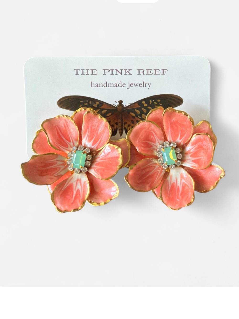 Anthropologie Coral Petal Floral Earrings Mint Crystal Centers The Pink Reef NEW